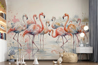Coastal landscape with birds in Flamingo Lagoon Dream play area Wall Mural.