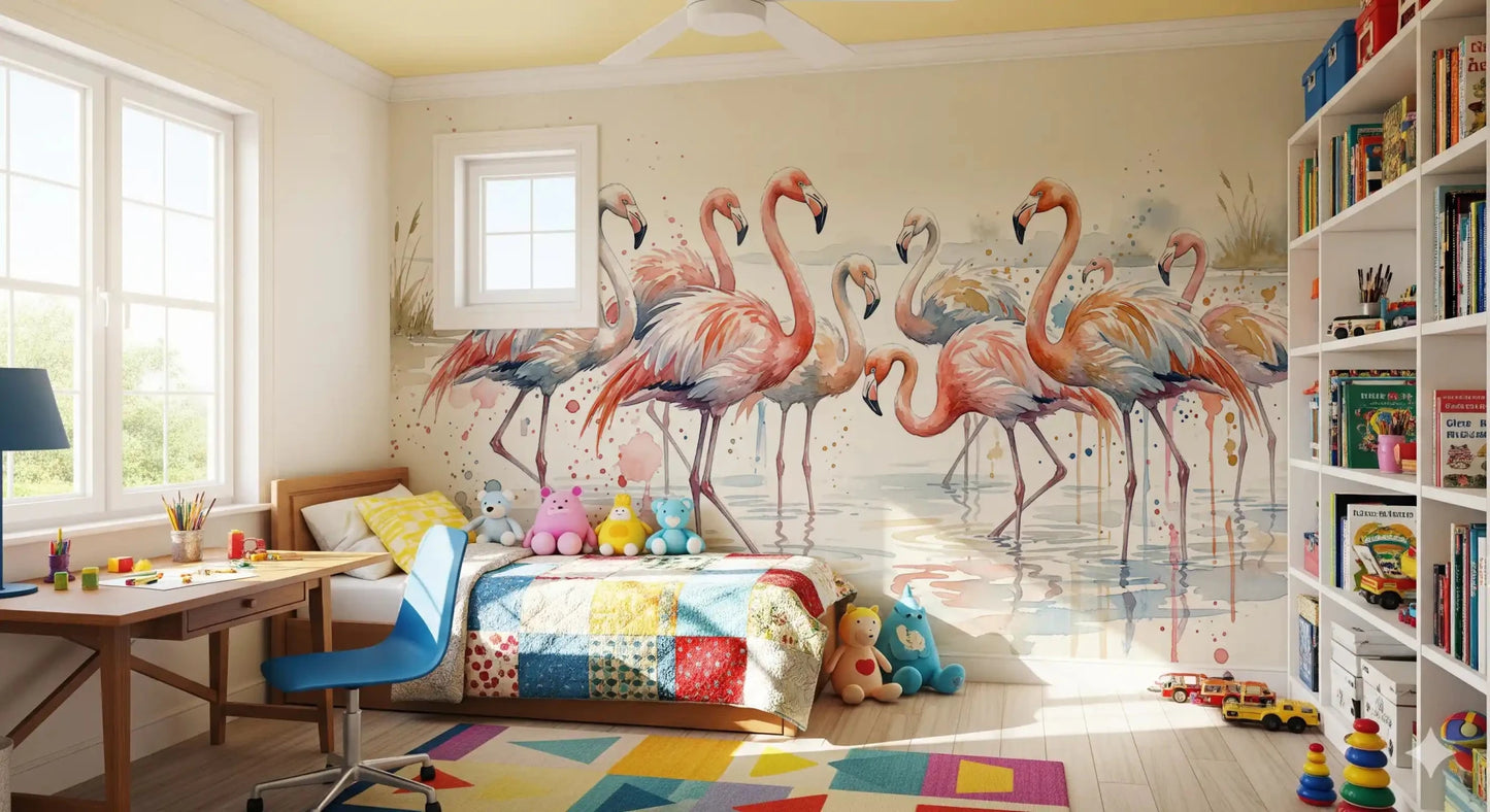 Flamingo Lagoon Dream Wall Mural showing a peaceful bird sanctuary.