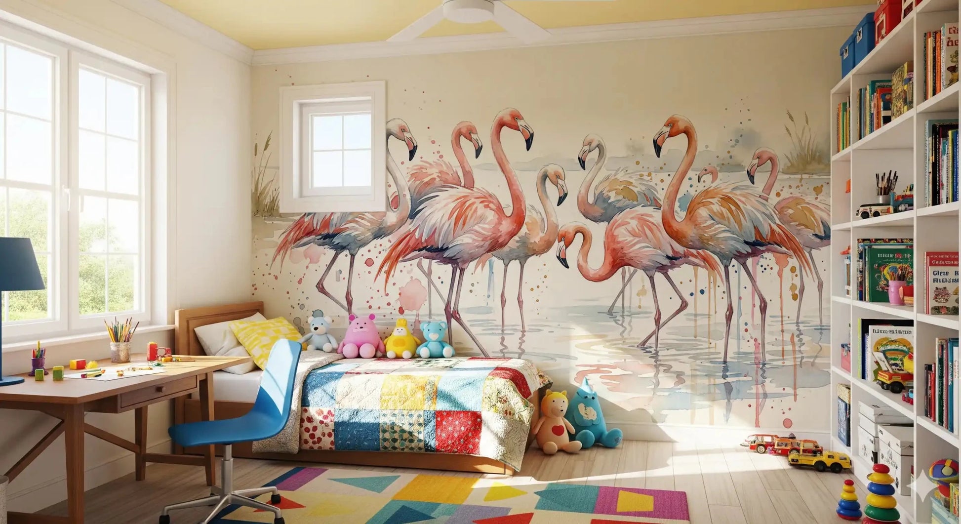 Flamingo Lagoon Dream Wall Mural showing a peaceful bird sanctuary.