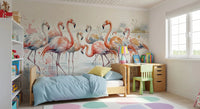 Flamingo Lagoon Dream Wall Mural with blue water and pink tones.