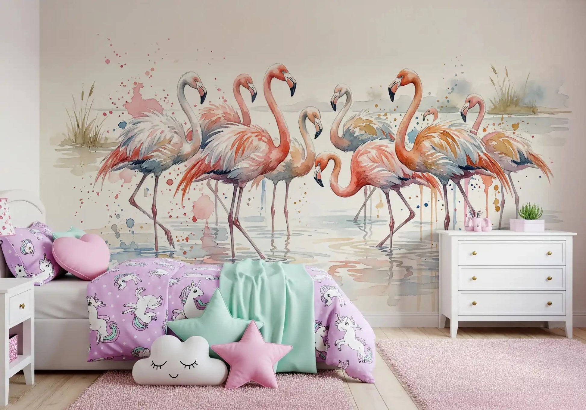 Pink Flamingo Lagoon Dream Wall Mural  for a bedroom with tropical leaves.