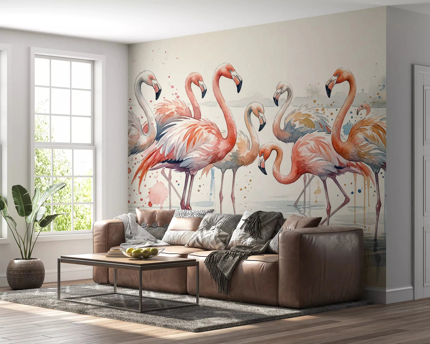 Artistic nature scene Flamingo Lagoon Dream Wall Mural for living room.