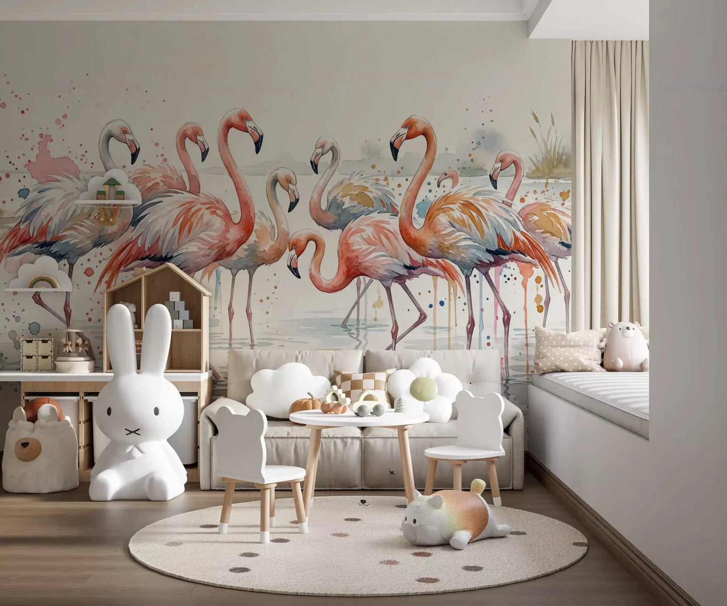 Soft pastel Flamingo Lagoon Dream kids room Wall Mural with tropical plants.