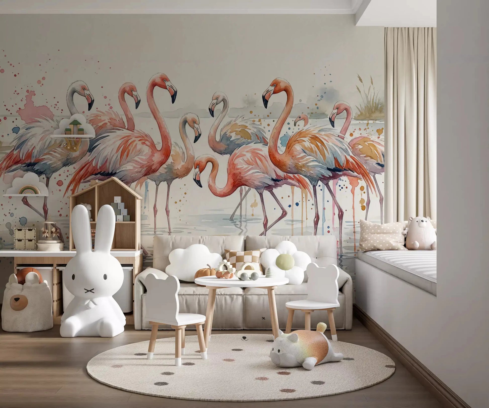 Soft pastel Flamingo Lagoon Dream kids room Wall Mural with tropical plants.