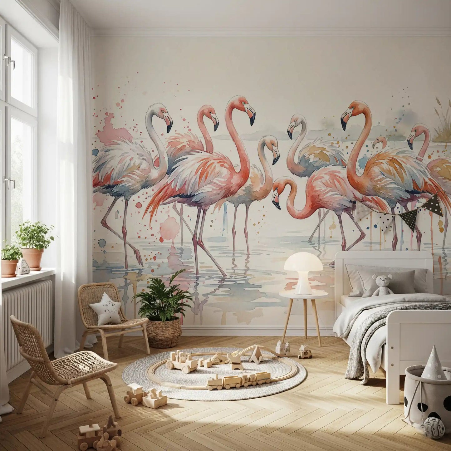 Tropical birds in a sunny Flamingo Lagoon Dream Wall Mural.