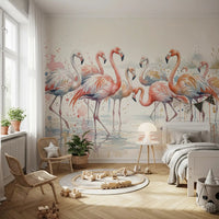 Tropical birds in a sunny Flamingo Lagoon Dream Wall Mural.