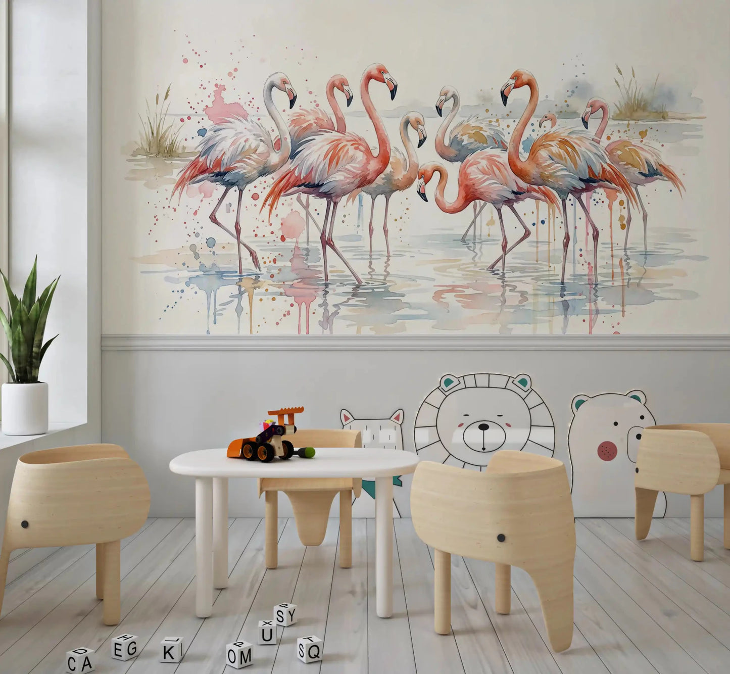 Detailed flamingo feathers in Flamingo Lagoon Dream Wall Mural for a nursery.