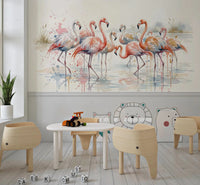 Detailed flamingo feathers in Flamingo Lagoon Dream Wall Mural for a nursery.