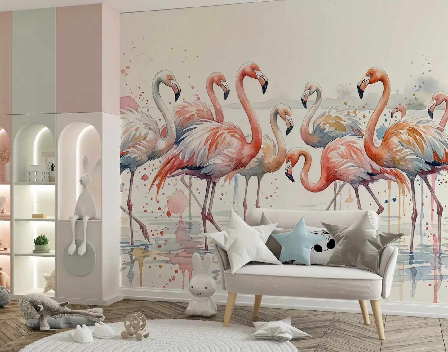 Flamingo Lagoon Dream Wall Mural featuring a bright exotic lagoon.
