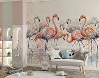 Flamingo Lagoon Dream Wall Mural featuring a bright exotic lagoon.