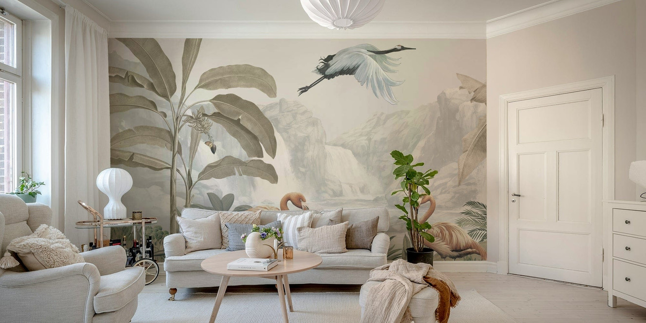 A peaceful wall mural with an organic, flamingo-themed design.

