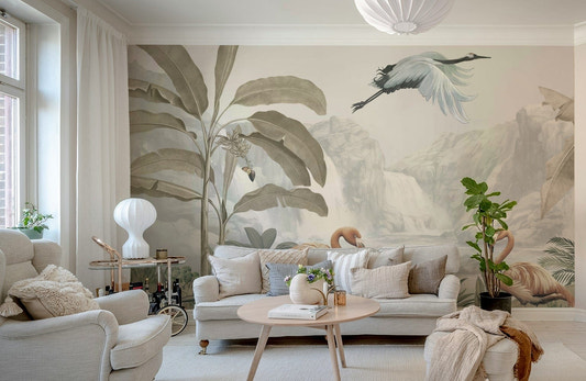 A peaceful wall mural with an organic, flamingo-themed design.

