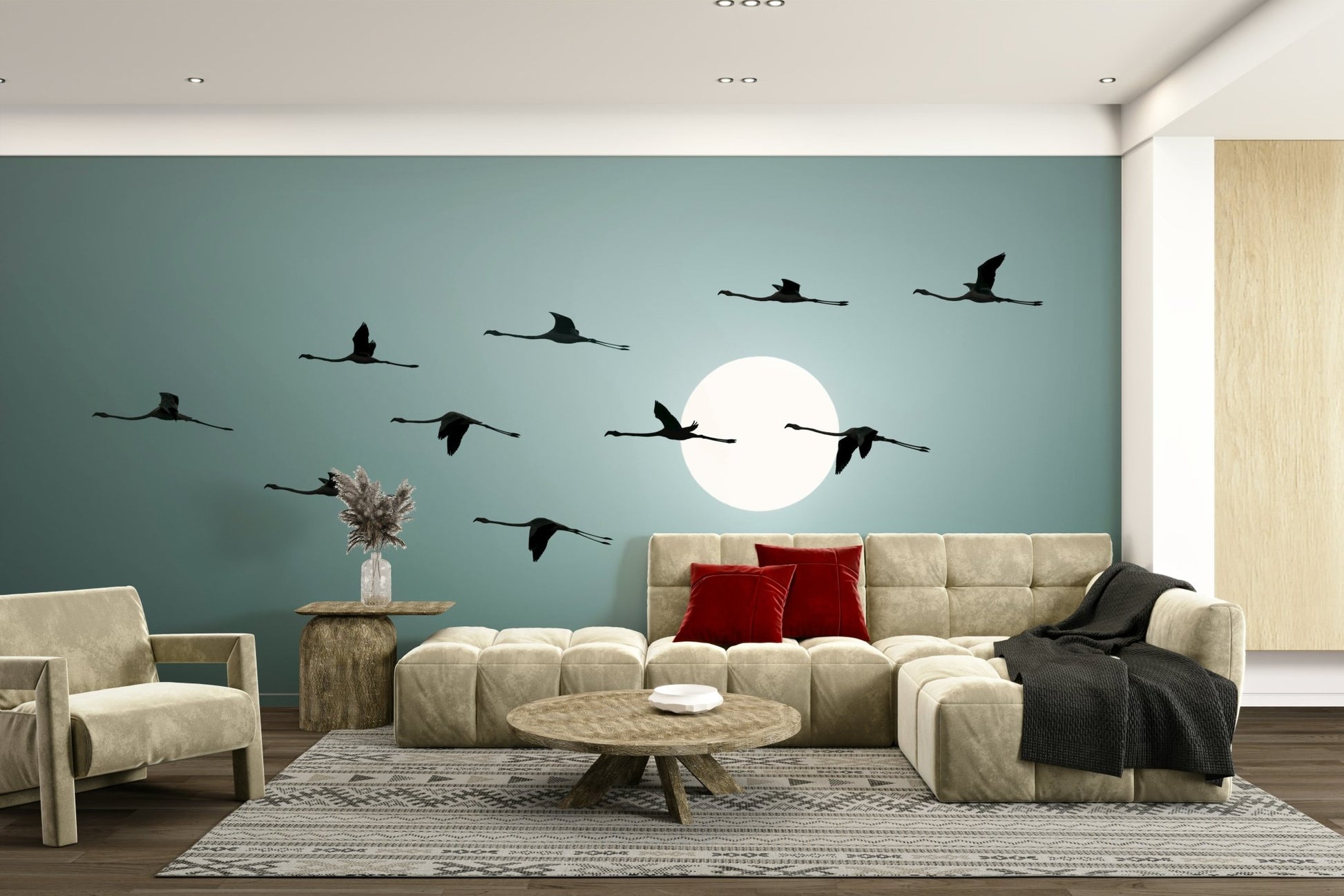 The flamingos are a central focus of the image.

