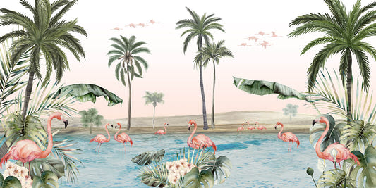 Flamingo Oasis avec fond d'écran rose