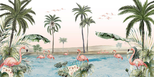 Flamingo -Oase mit rosa Hintergrund -Tapete