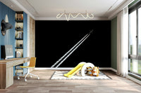 A peaceful black and white mural on decorative wallpaper.

