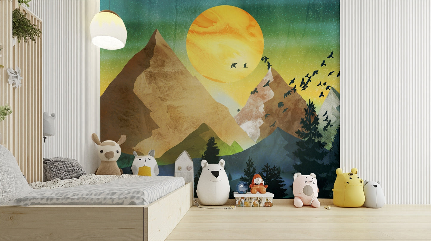 Modern landscape wallpaper with soft blue and grey color tones.