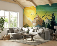 Minimalist bird silhouettes on a cloudy mountain background.