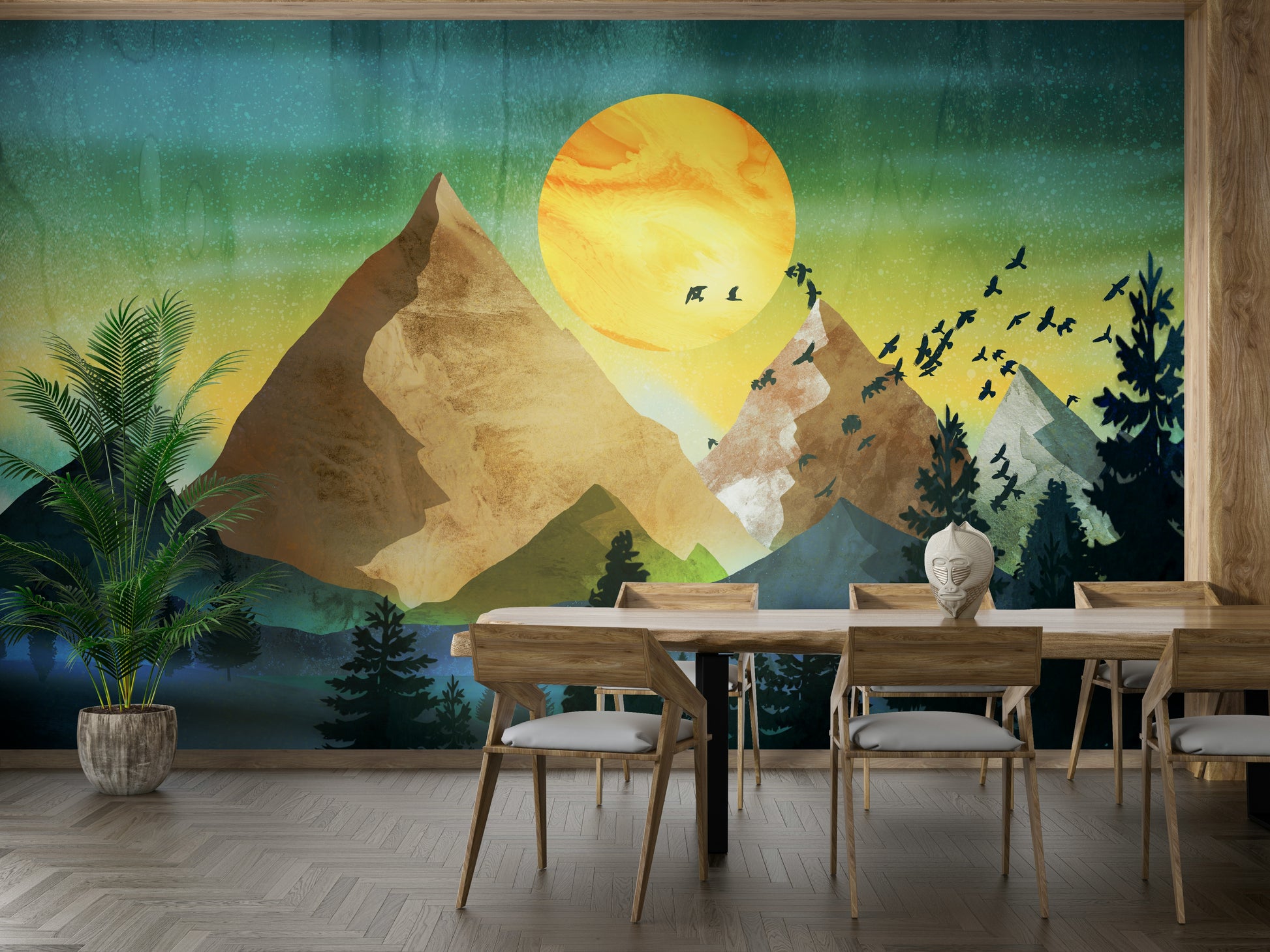 Grey mountain wall decor for a minimalist living room.