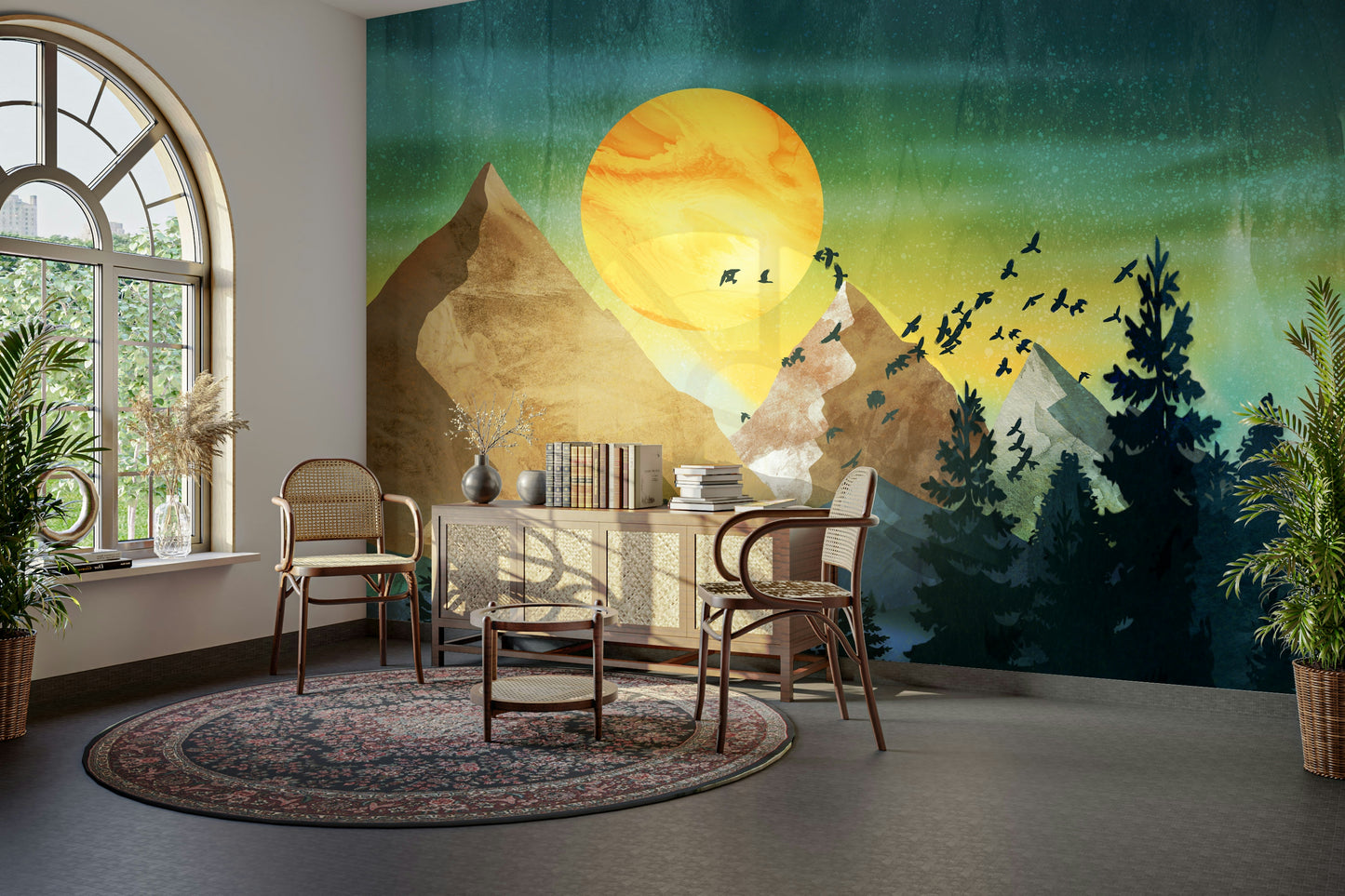 Detailed bird flock over peaks in a professional home office.