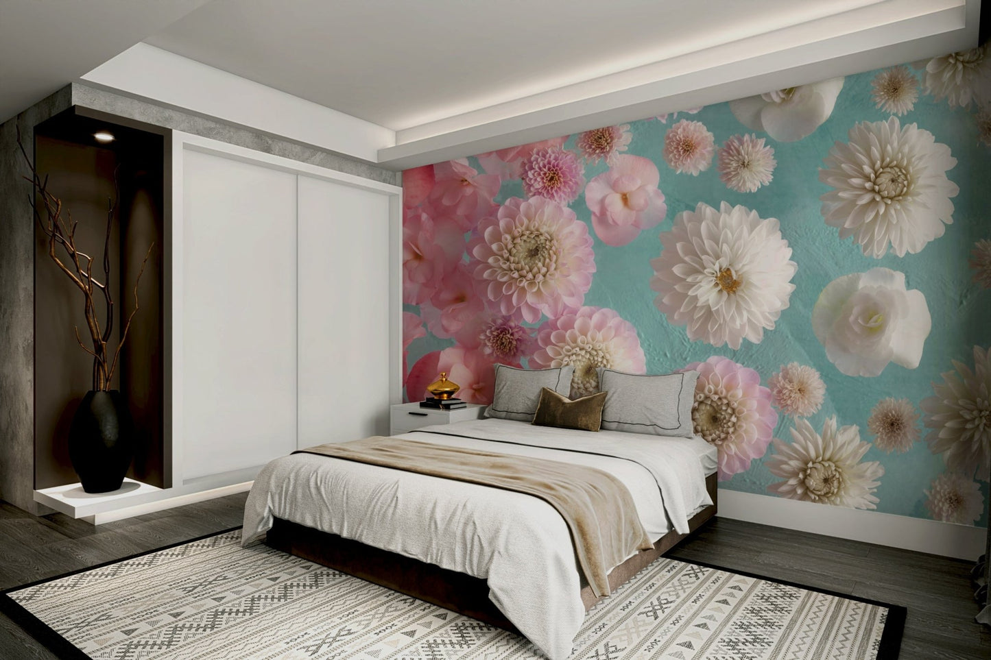 Floating floral wall mural with calm, natural colors.

