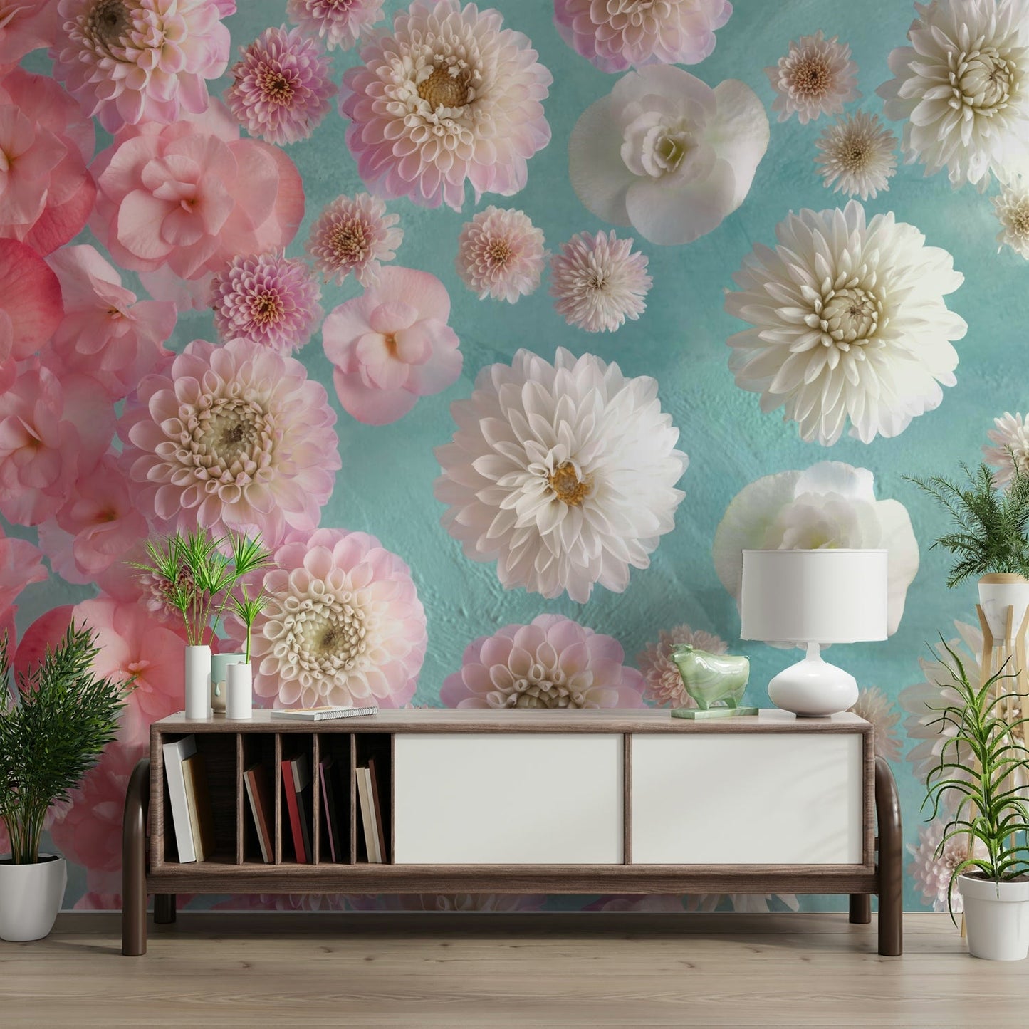 Floating floral mural wallpaper in soothing tones.


