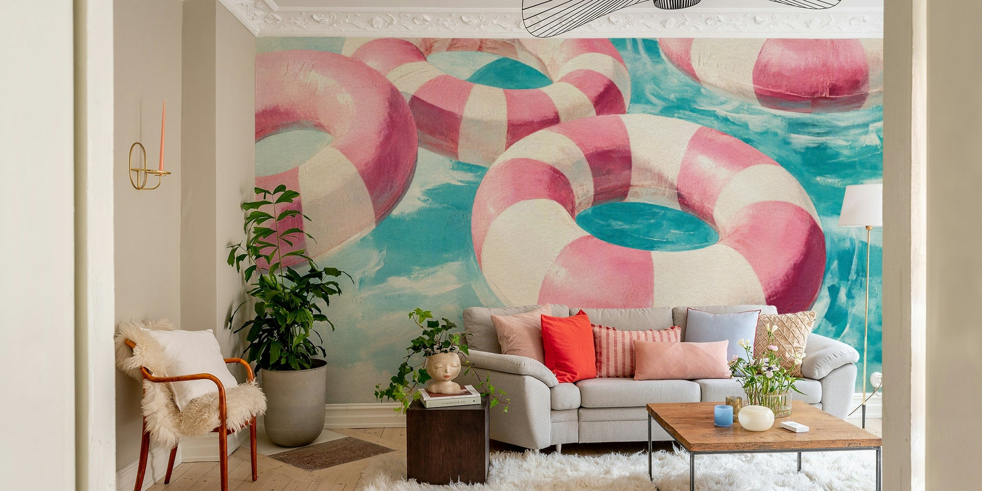 Relaxation-themed mural in light pink and cream hues

