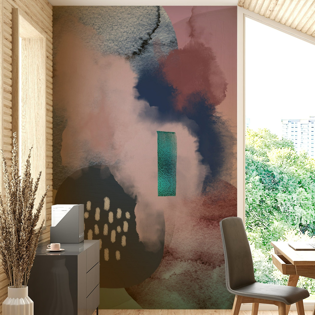 Floating Wall Mural with soft abstract forms and airy flow.


