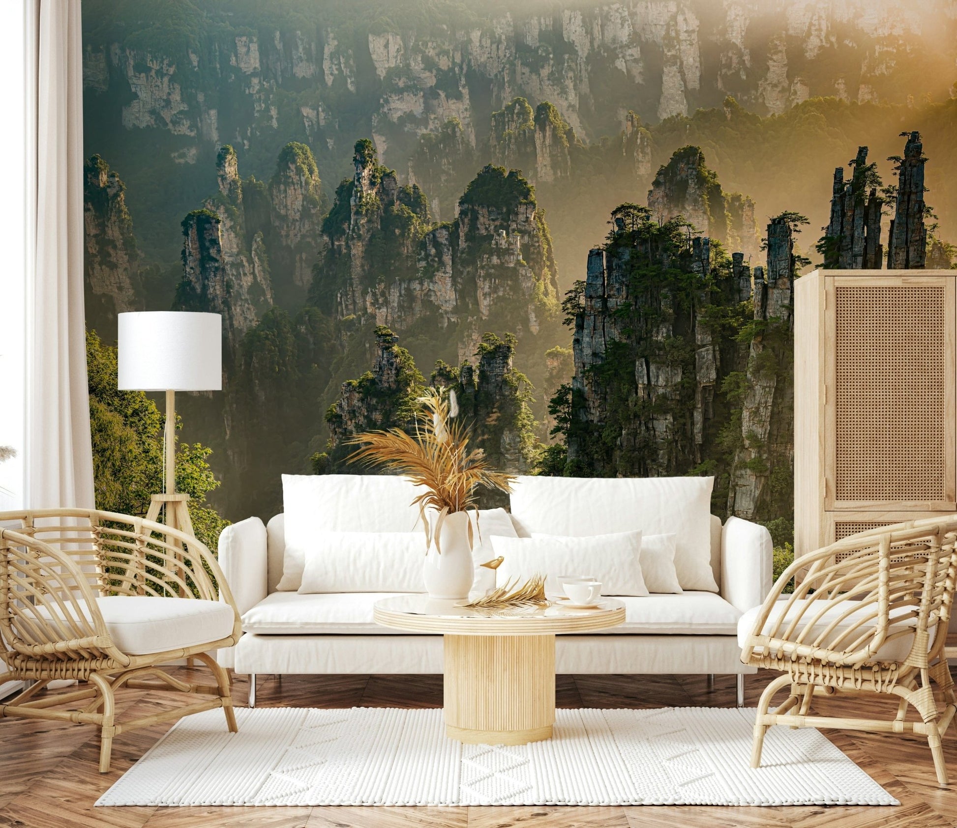Celestial Floating Woodland Peaks, high-altitude landscape, awe-inspiring backdrop.