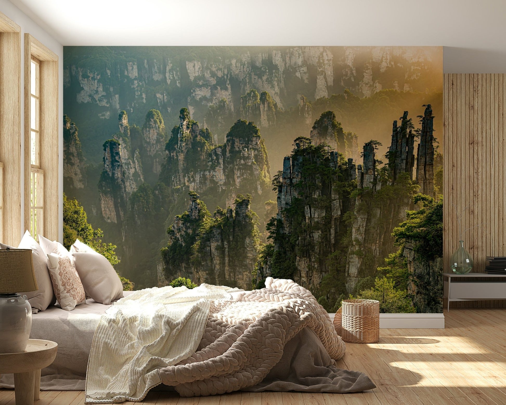 Sublime Floating Woodland Peaks, needle-like columns, glorious light, home décor.