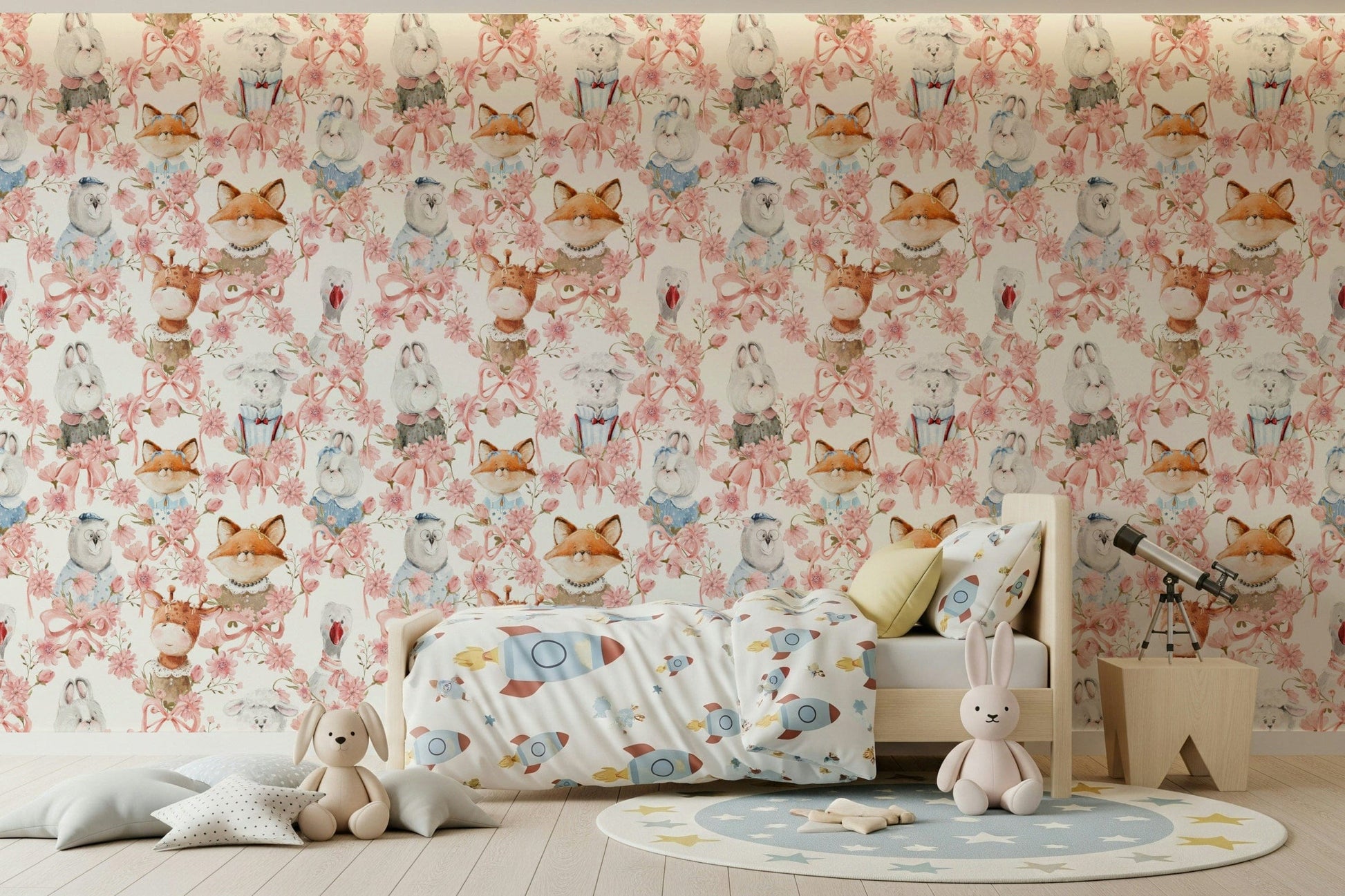 Cozy cheerful background happy creatures Floral Friends wall decoration.