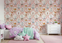 Beautiful repeating image animal motif Floral Friends nursery paper.