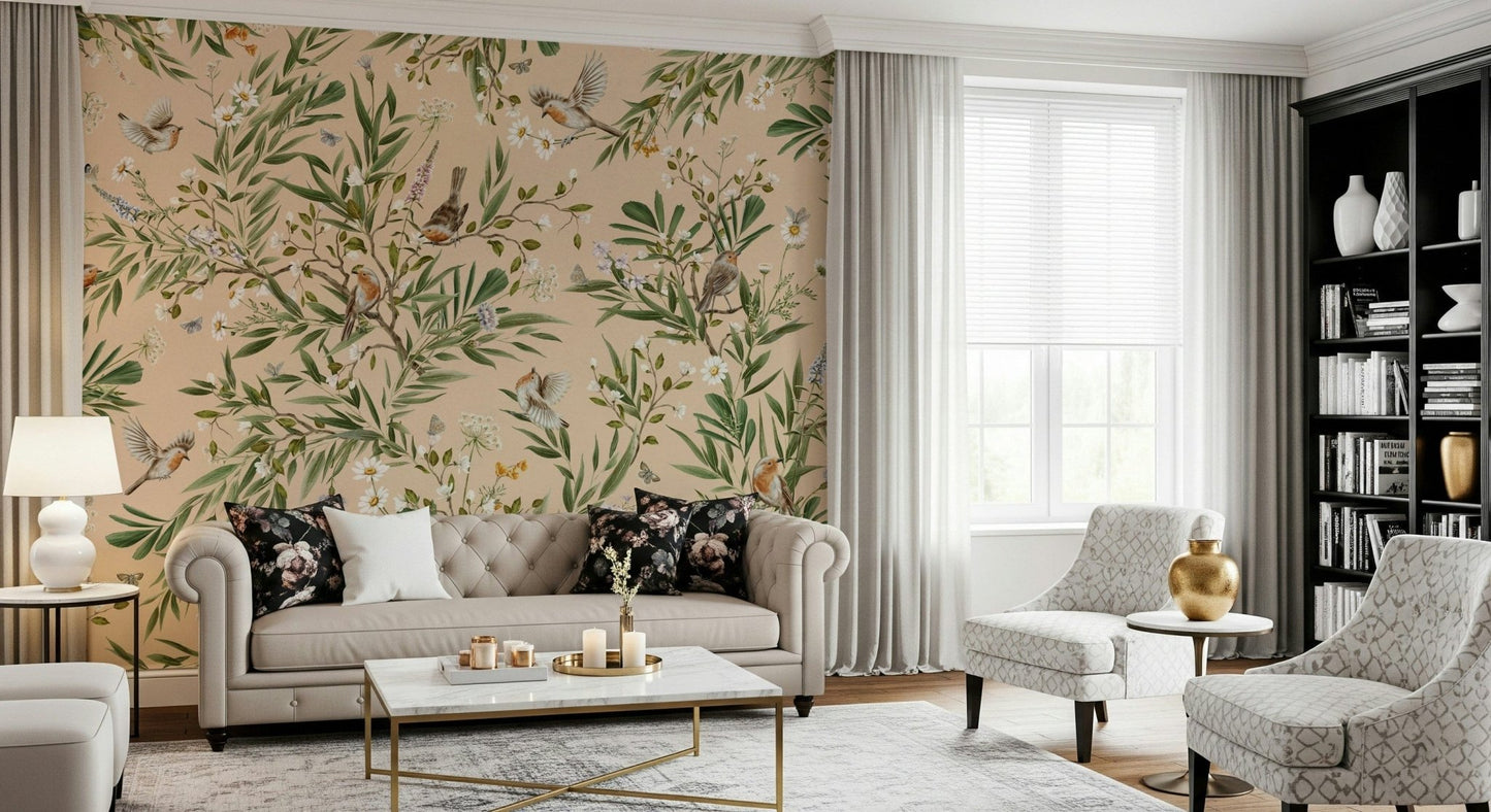 Artistic wall mural blending songbirds and detailed floral patterns