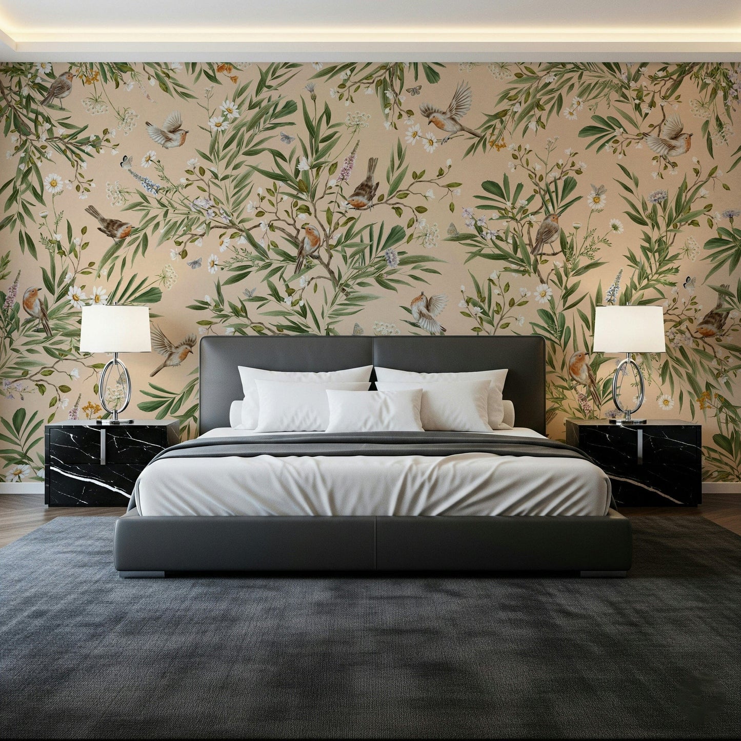 Elegant wall mural featuring birds perched among vibrant floral arrangements