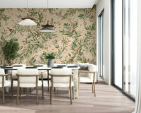 Whimsical wall mural of birds in flight over flowering garden foliage
