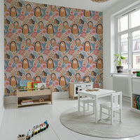 Bear and wildflower wallpaper in reading corner, soft cream color background