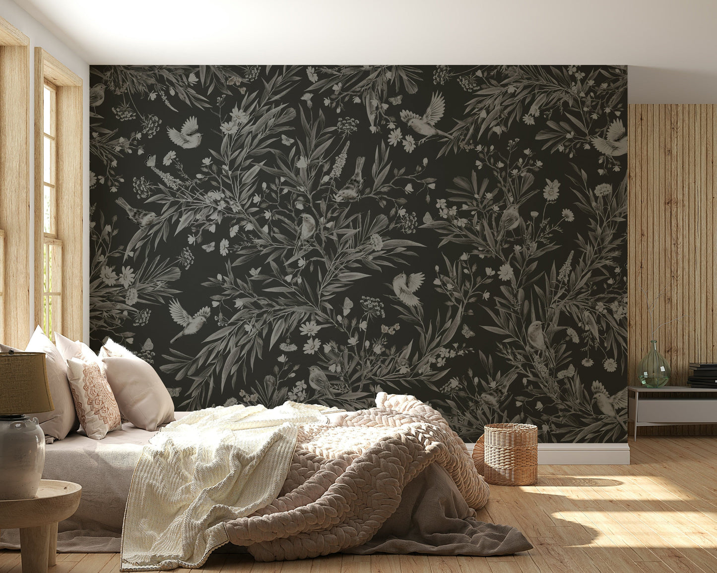 Dark-toned botanical mural featuring nocturnal birds resting amid blossoms