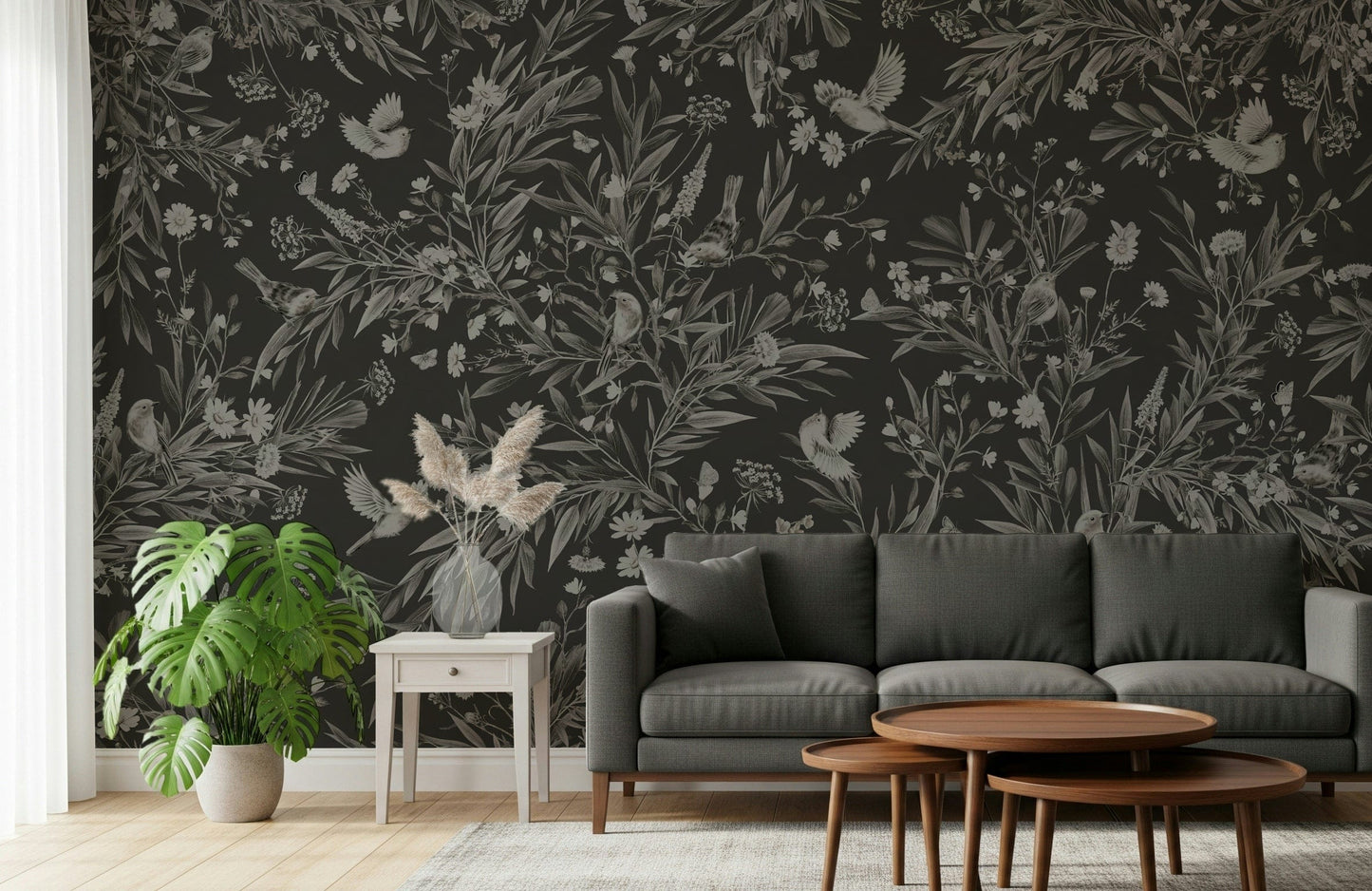 Romantic mural of songbirds and flowers under a serene evening sky.
