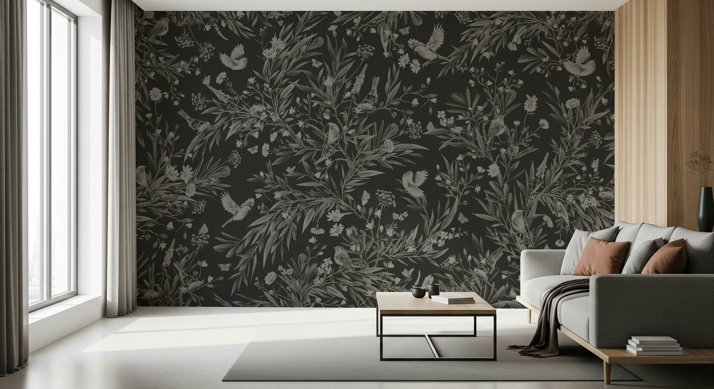 Charming mural showing birds singing at night amid lush flowering branches