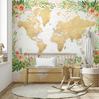 Floral and map fusion mural for creative wall décor

