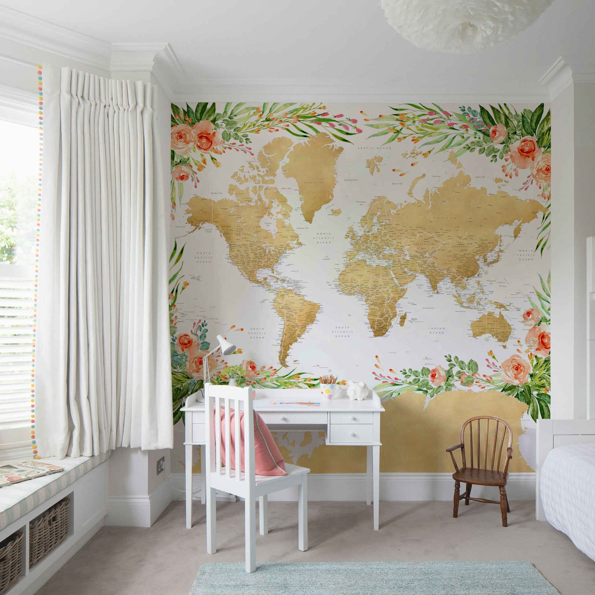 Artistic floral world map for free-spirited interiors

