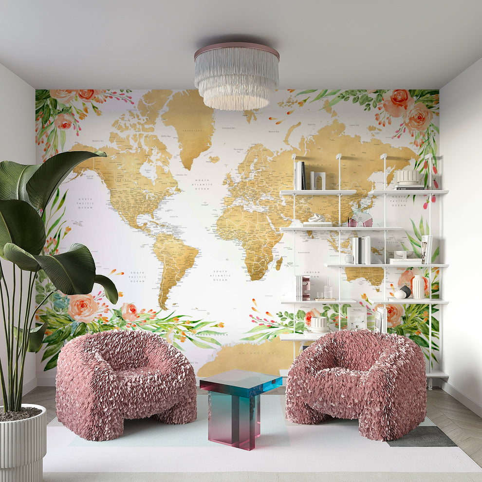 Floral Boho Map Wallpaper – Artistic Global Vibes