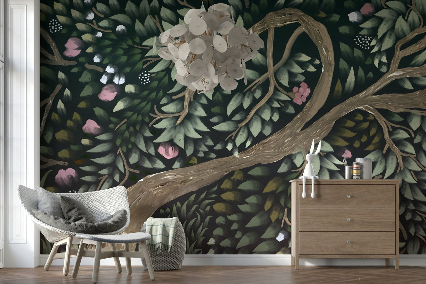 Soft rose petals accent this Floral Canopy Dream mural wallpaper.