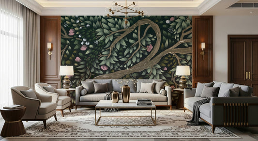 Floral Canopy Dream wallpaper features thick painted branches and leaves.