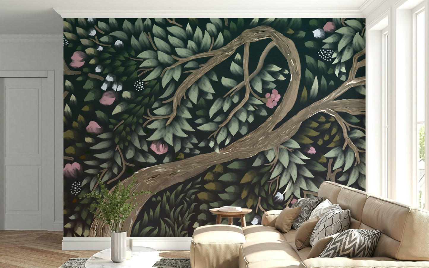 Dark moody wallpaper for walls showcases whimsical flowering tree limbs.