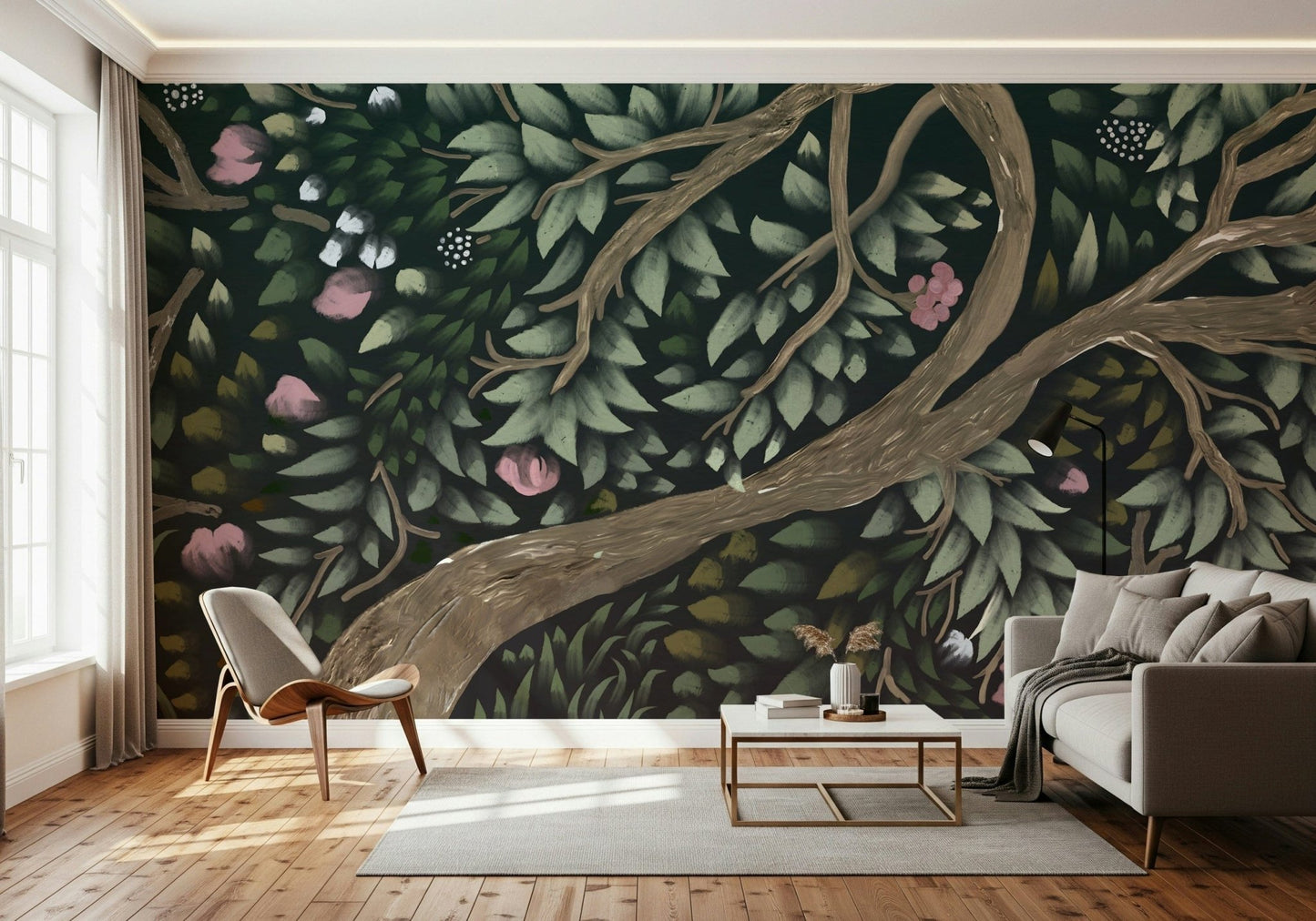 Twisting brown boughs decorate this nature-themed wall mural design.