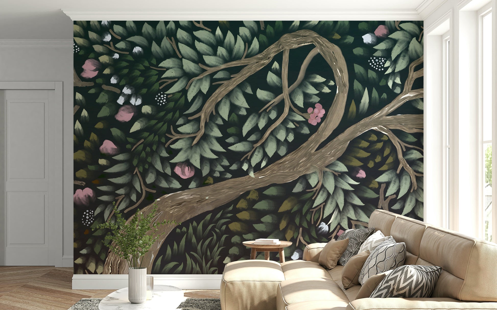 Dark moody wallpaper for walls showcases whimsical flowering tree limbs.