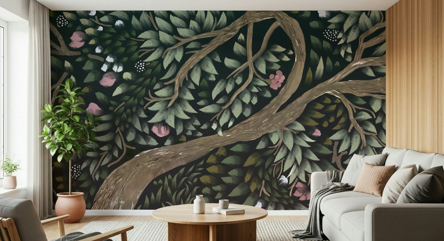 Enchanted botanical wall mural shows pink buds among sage greenery.