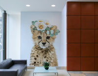 Vibrant floral cheetah cub mural adding nature’s beauty

