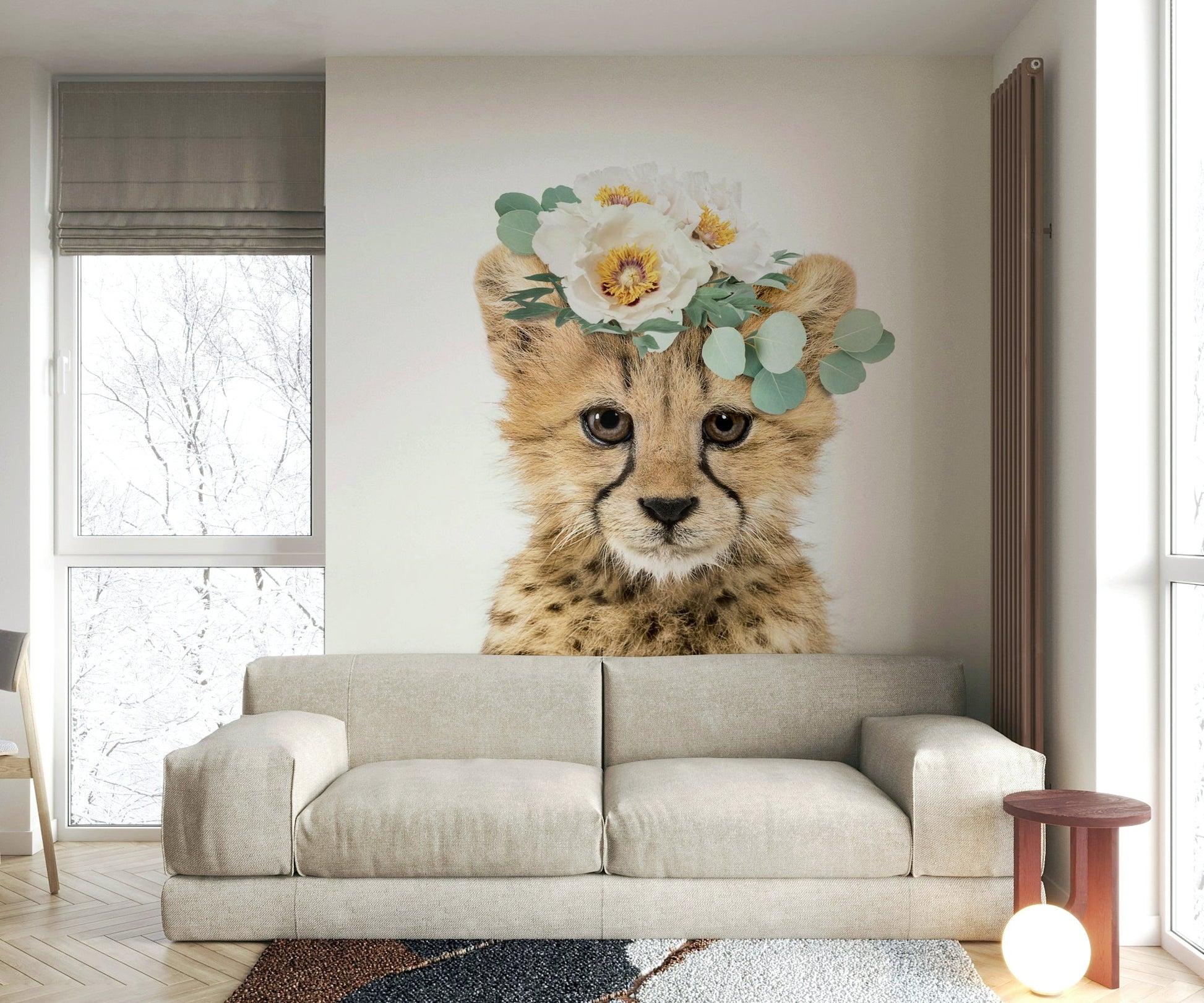 Charming floral cheetah cub mural for a lively space

